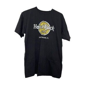 Hard Rock Cafe Hollywood Black Graphic Tshirt Unisex Medium Metallic Logo